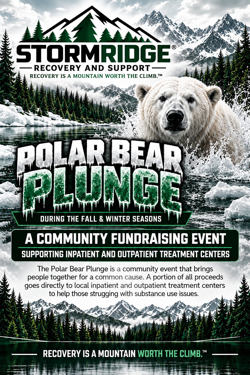 StormRidge Polar Bear Plunge community fundraising event flyer with a polar bear, mountains, and winter lake
