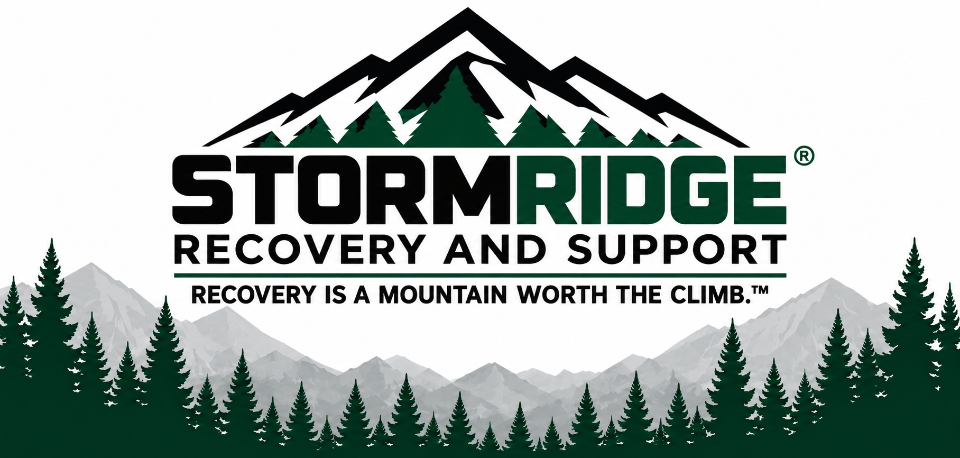 StormRidge Recovery and Support mountain and evergreen logo